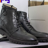 Handmade Men's Black Leather Lace up Wing Tip Chunky Sole Boot - Thumbnail 1