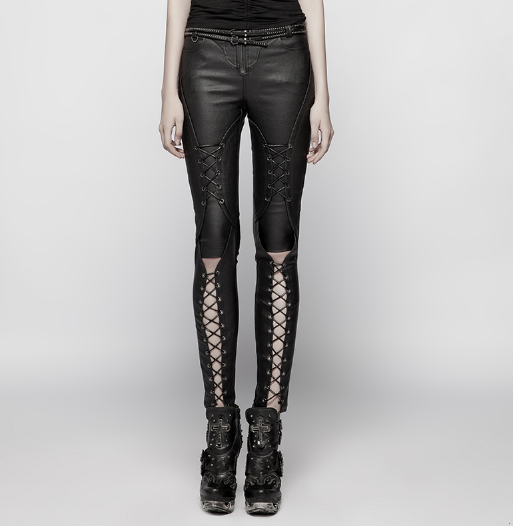 BLACK-BRIGHT PUNK PRESSURE ADHESIVE FAUX LEATHER WOVEN TROUSERS