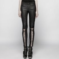  BLACK-BRIGHT PUNK PRESSURE ADHESIVE FAUX LEATHER WOVEN TROUSERS