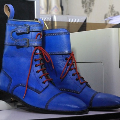 Handmade blue double monk buckle laceup cap toe ankle boot men's  - Thumbnail 5