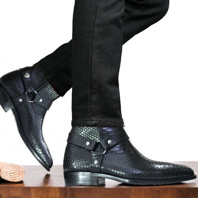 Ankle high men's black harness zipper leather boot, formal boot - Thumbnail 1