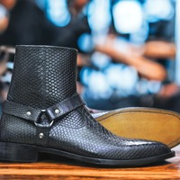 Ankle High Men's Black Harness Zipper Leather Boot, Formal Boot - Thumbnail 3