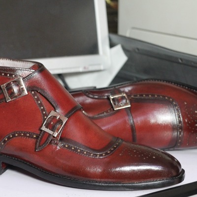 Handmade men's red double buckle brogue leather boot  - Thumbnail 3