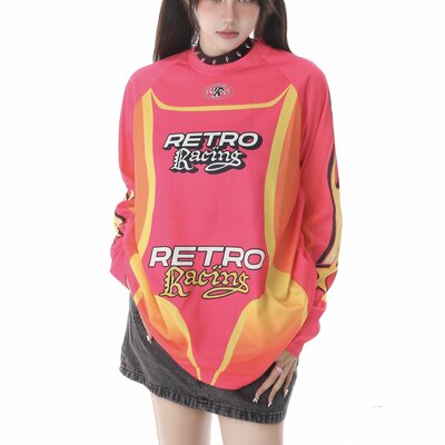 Original American Retro Lettering Flame Racing Pullover Sweatshirt