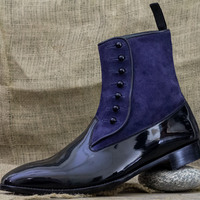 Handpainted Men's Black Leather & Blue Suede Button Boot - Thumbnail 1