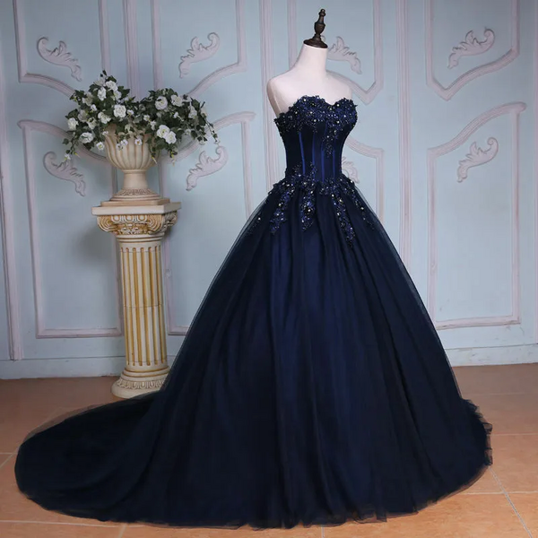Crystal Bead Navy Blue Quince Dresses Long Formal Dress Applique