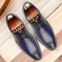 Handpainted Blue Leather Laceup Dress Shoes - Thumbnail 1