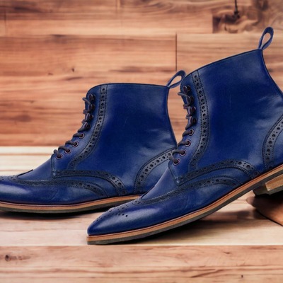 Handpainted men's blue leather lace up wing tip brogue boot - Thumbnail 3
