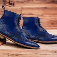 Handpainted Men's Blue Leather Lace up Wing Tip Brogue Boot - Thumbnail 1