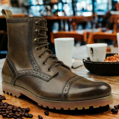 Handpainted men's brown leather laceup cap toe ankle boot - Thumbnail 2