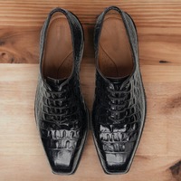 Handmade Men's Black Alligator Print Leather Laceup Shoes - Thumbnail 1