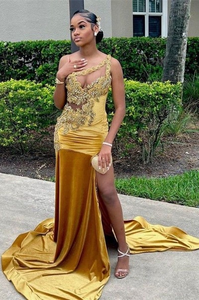 One Shoulder Gold Prom Dresses with Appliques Lace