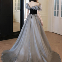 Black Velvet and Gray Tulle Long Prom Dress - Thumbnail 1