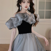 Black Velvet and Gray Tulle Long Prom Dress - Thumbnail 2