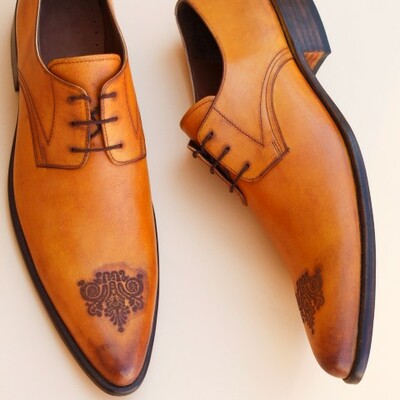 Crafted leather brown pointed toe lace up dress shoes for men - Thumbnail 4