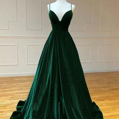 A-line v neck velvet green long prom dresses - Thumbnail 2