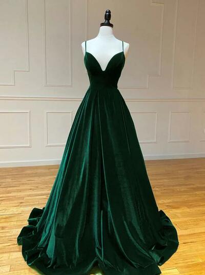 A-Line V Neck Velvet Green Long Prom Dresses
