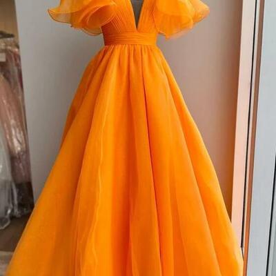 Unique a line long orange formal prom dress