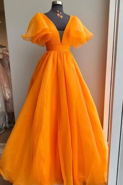 Unique A Line Long Orange Formal Prom Dress