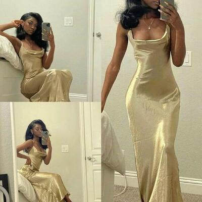 Simple black girl gold backless prom dresses - Thumbnail 1