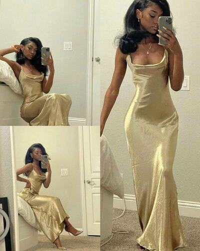 Simple black girl gold backless prom dresses