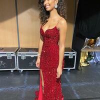 Mermaid Sparkly Sequins Wine Red Long Prom Dresses with Slit - Thumbnail 1