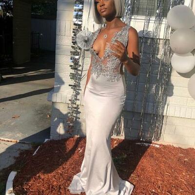 Mermaid gray long evening dresses with lace