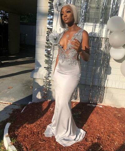 Mermaid Gray Long Evening Dresses With Lace