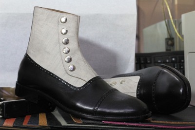 Handmade Men's Leather Two Tone & Cotton Button Fashion Boot