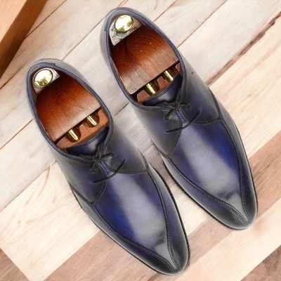 Leather blue laceup men's dress handpainted shoes