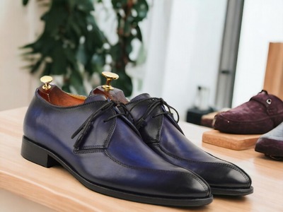 Leather Blue Laceup Men's Dress Handpainted Shoes