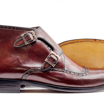  men's burgundy double buckle brogue leather handmade boots