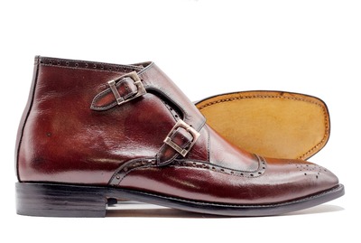  Men's Burgundy Double Buckle Brogue Leather Handmade Boots