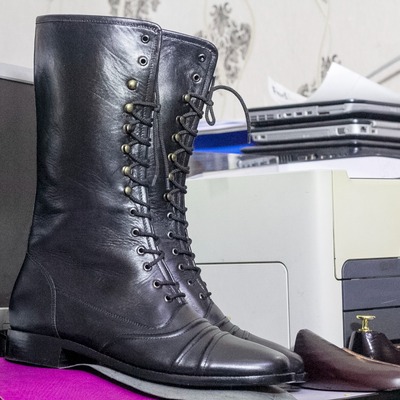  men's black leather lace up cap toe handmade long ankle boot