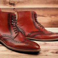 Handpainted Red Leather Lace up Wing Tip Brogue Boot Men's  - Thumbnail 1