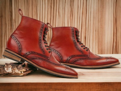 Handpainted Red Leather Lace up Wing Tip Brogue Boot Men's 