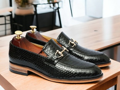  Men's Black Python Leather Horse Bit Handmade Shoes