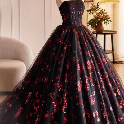 Black and red floral tulle long party dress, strapless formal sweet 16 dress kpp1763