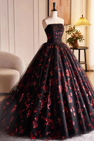 Black and Red Floral Tulle Long Party Dress, Strapless Formal Sweet 16 Dress KPP1763