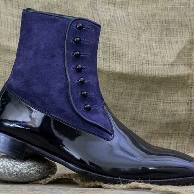 Handpainted  black leather & blue suede button men's ankle boot - Thumbnail 2