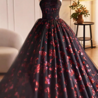 Black and Red Floral Tulle Long Party Dress, Strapless Formal Sweet 16 Dress KPP1763 - Thumbnail 1