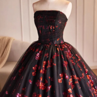 Black and Red Floral Tulle Long Party Dress, Strapless Formal Sweet 16 Dress KPP1763 - Thumbnail 2