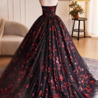 Black and Red Floral Tulle Long Party Dress, Strapless Formal Sweet 16 Dress KPP1763 - Thumbnail 3
