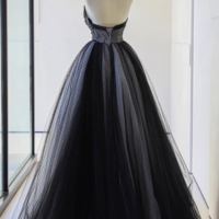 Lovely Black Strapless Tulle Lace Long Prom Dress, A Line Sweetheart Neck Evening Party Dress KPP1764 - Thumbnail 1