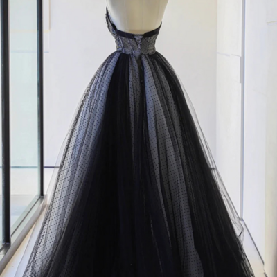 Lovely black strapless tulle lace long prom dress, a line sweetheart neck evening party dress kpp1764