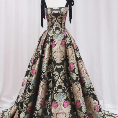 Black satin straps a line floral long formal dress, black evening dress kpp1765