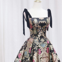 Black Satin Straps A Line Floral Long Formal Dress, Black Evening Dress KPP1765 - Thumbnail 1