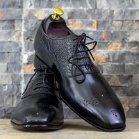 Men's Black Leather & Alligator Print Brogue Lace Up Handmade Dress Shoes - Thumbnail 1