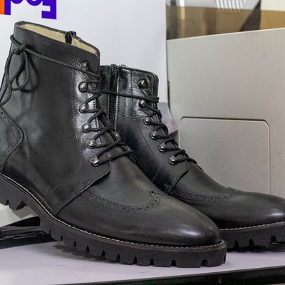 Men's black leather lace up wing tip chunky sole handmade boot
