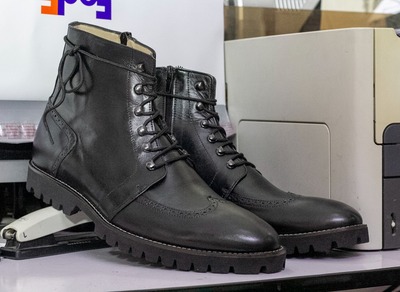 Men's Black Leather Lace Up Wing Tip Chunky Sole Handmade Boot